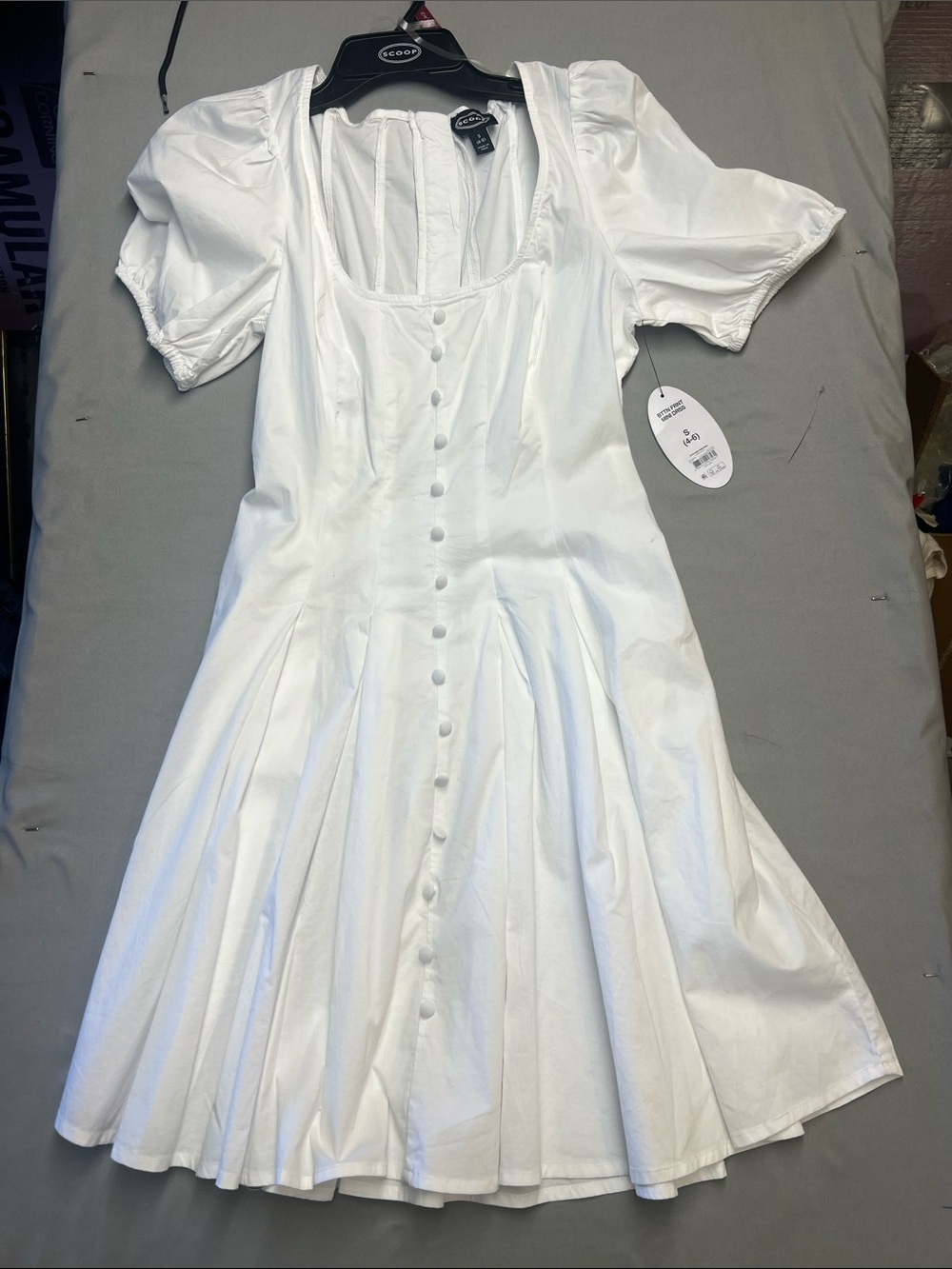 White Puff Sleeve Midi Dress with Button Front